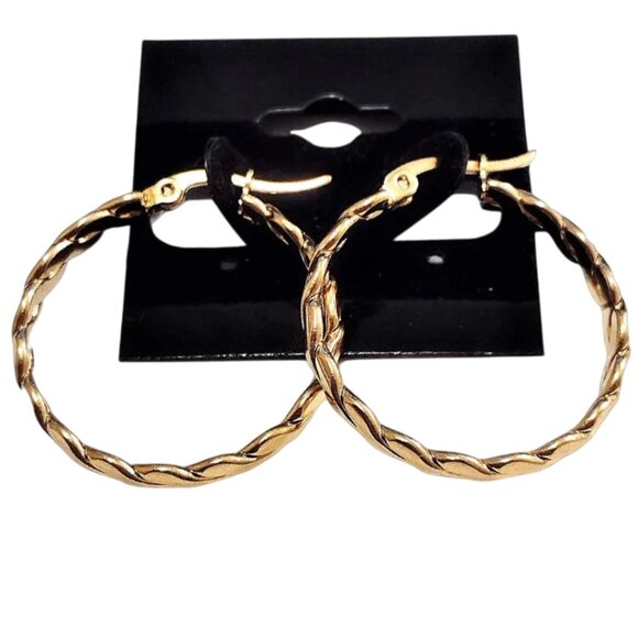 1 1/8 Inch 31mm Braided Hoop Pierced Post Earrings Gold Tone 3mm Wide Band - Picture 5 of 5